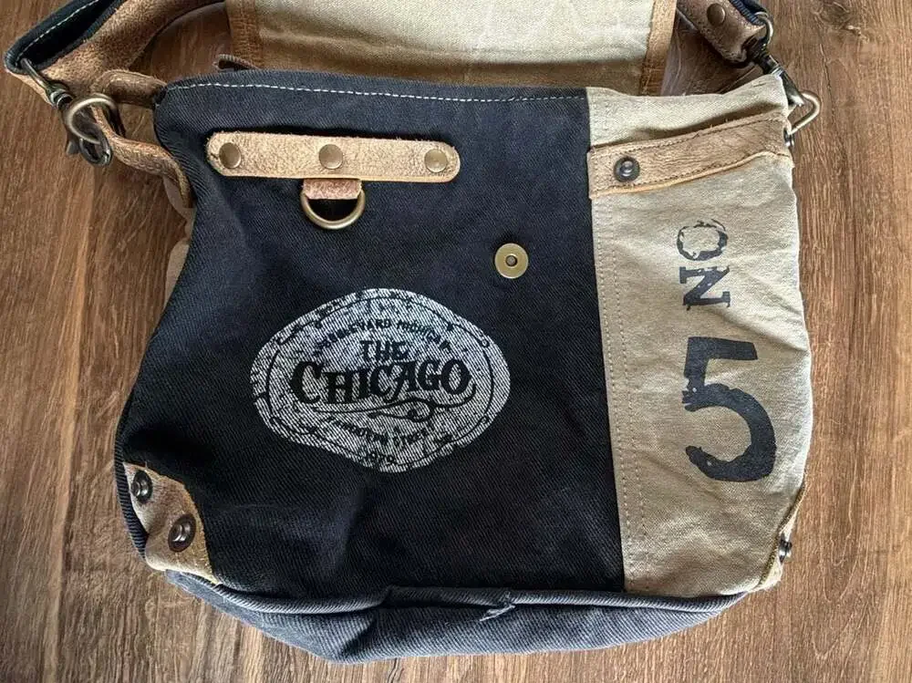 Myra Bag The Chicago Upcycled Canvas and Leather Messenger Shoulder Bag